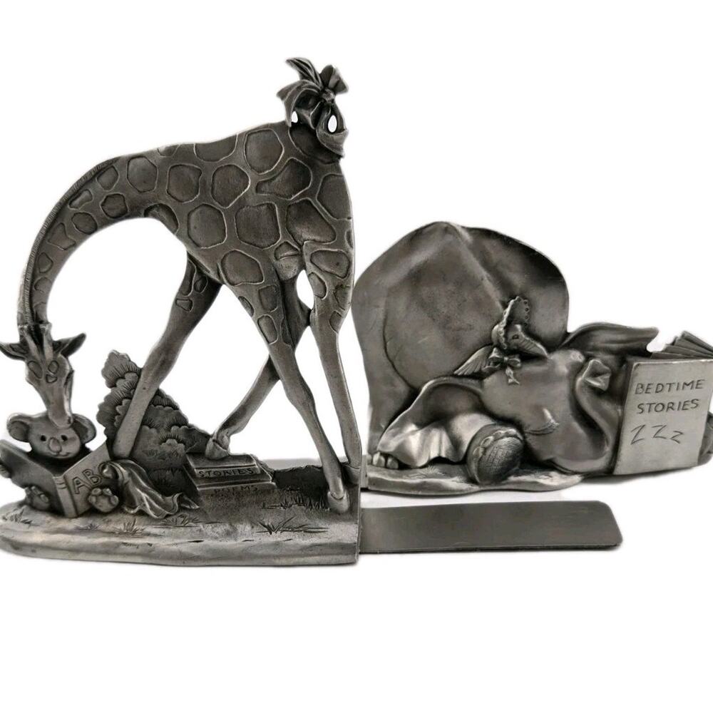 Whimsical Vtg 90s Etain Zinn Seagull Pewter Giraffe Elephant Storytime Bookends